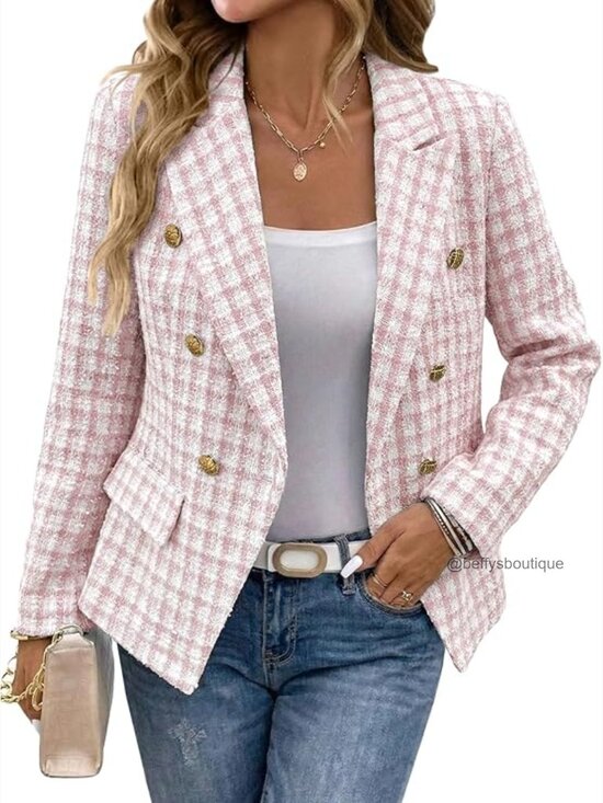 Jackets & Blazers - Double-Breasted Tweed Blazer Fully-Lined Slim Fit Casual Work